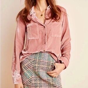 Anthropologie Maeve Karina Velvet Shirt Women’s Size 2 Button Front Dusty Pink